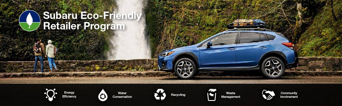 The Subaru Eco-Friendly Retailer Program logo with a blue Subaru and eco icons at bottom. | Landers McLarty Subaru in Huntsville AL