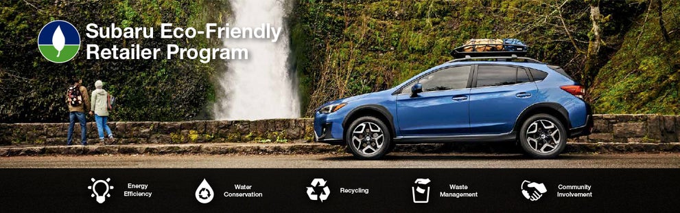 The Subaru Eco-Friendly Retailer Program logo with a blue Subaru and eco icons at bottom. | Landers McLarty Subaru in Huntsville AL