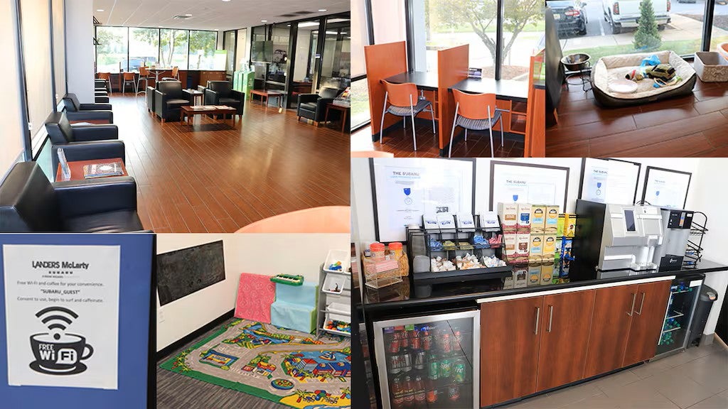 Collage of an automotive service center waiting area featuring lounge seating, customer workstations, a children's play area