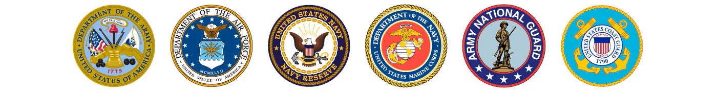 Six circular emblems representing branches of the United States Armed Forces displayed in a row
