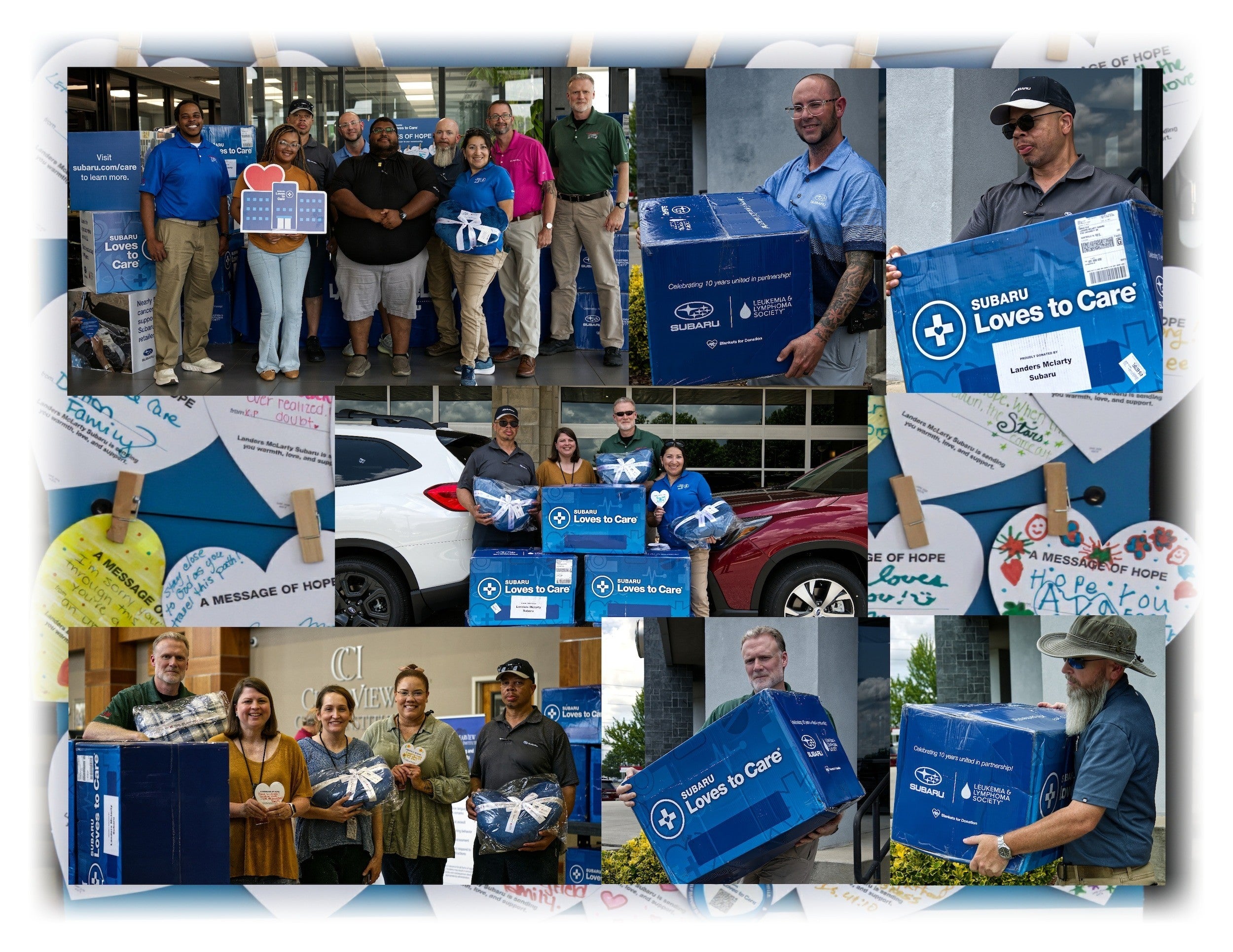 A collage of diverse people receiving and giving blue Subaru boxes and blankets, some holding Messages of Hope signs